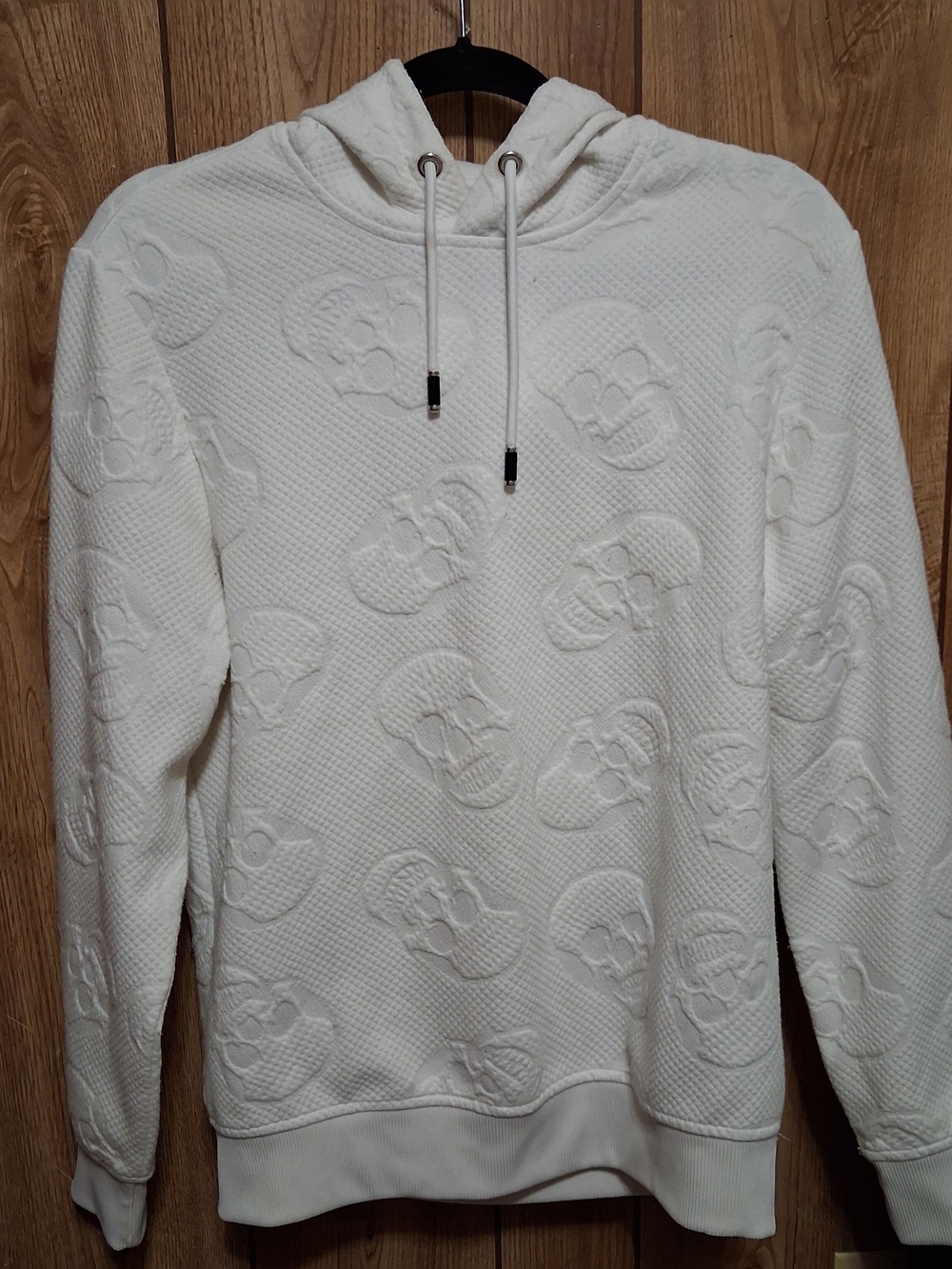 White Textured White Skull Imprinted Hoodie INC Gothic Bikercore
